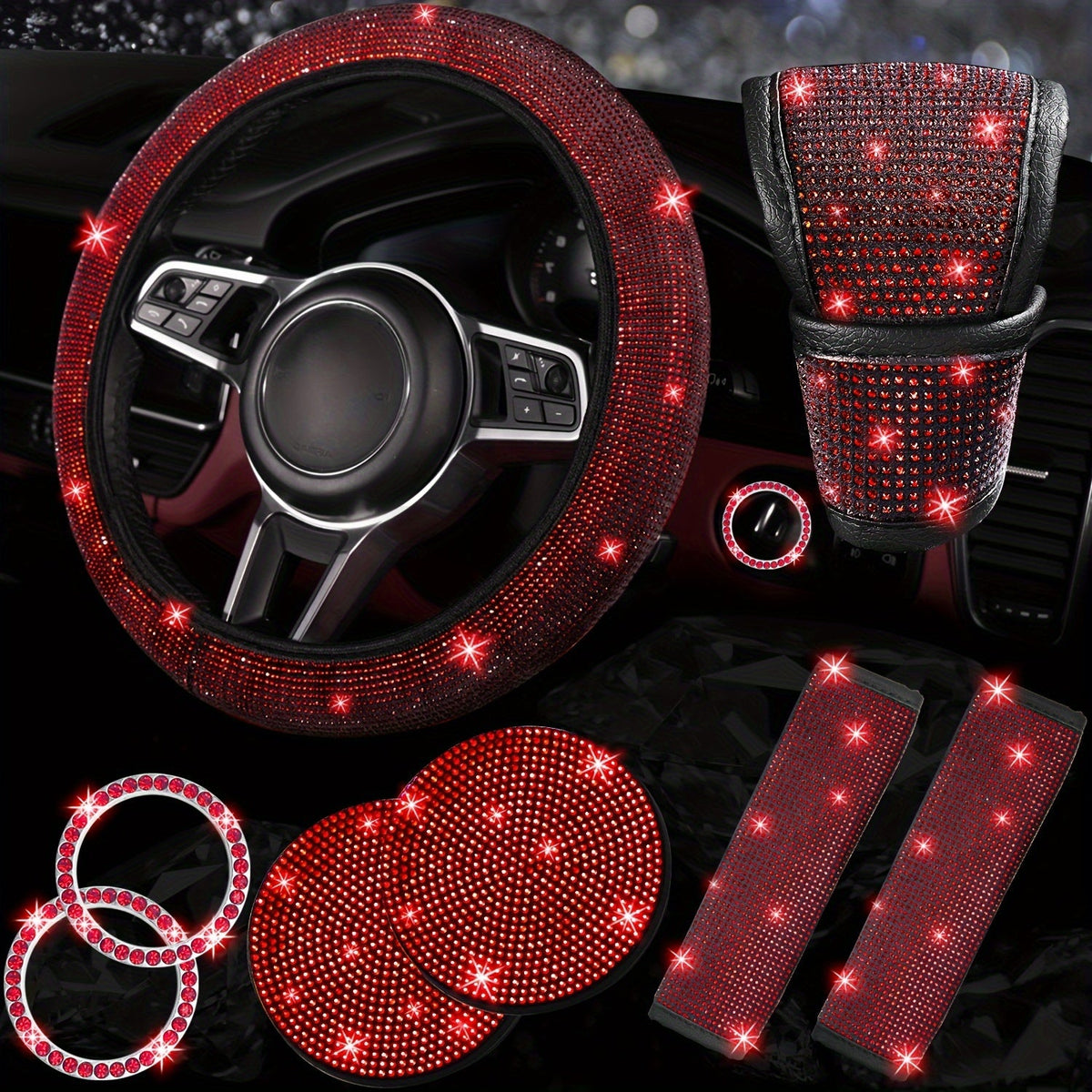 Bling Car Accessories Set for Women – 8pcs Rhinestone Steering Wheel Cover, Cup Coasters, Seat Belt Shoulder Pads, Starter Rings & Gear Shift Cover