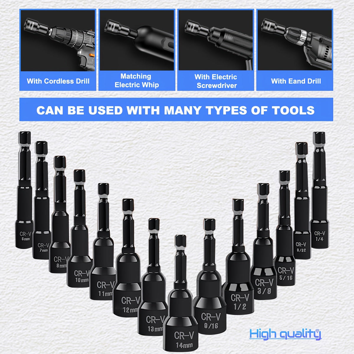 Magnetic Nut Driver Set 15pcs – 1/4" Hex Shank, SAE 1/4"-9/16" & Metric 6-14mm, Chrome Vanadium Steel, Impact Driver Compatible