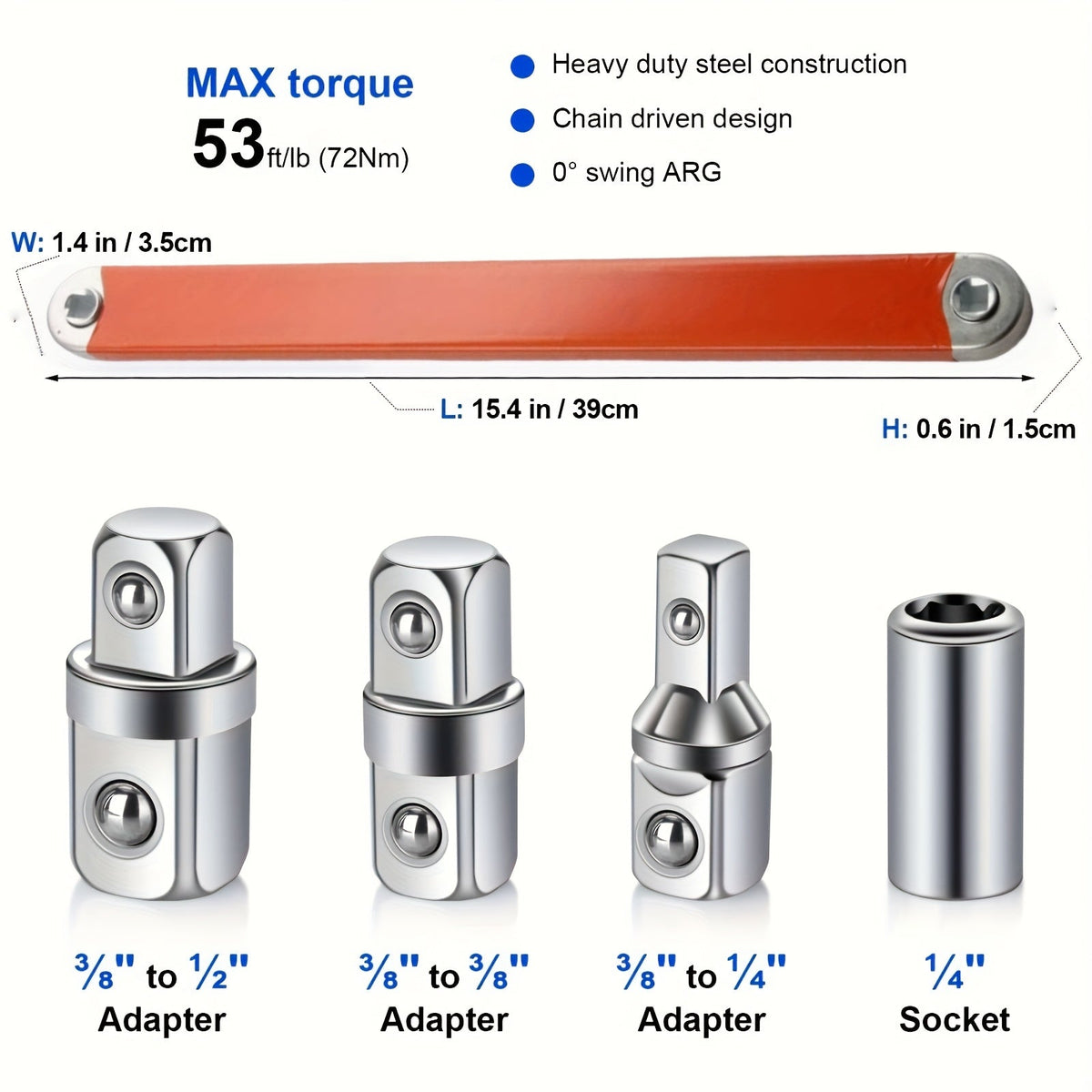 Offset Extension Wrench 15-Inch – Impact-Ready Socket Wrench with 1/4", 3/8" & 1/2" Square Drive Adapters for Tight Spaces