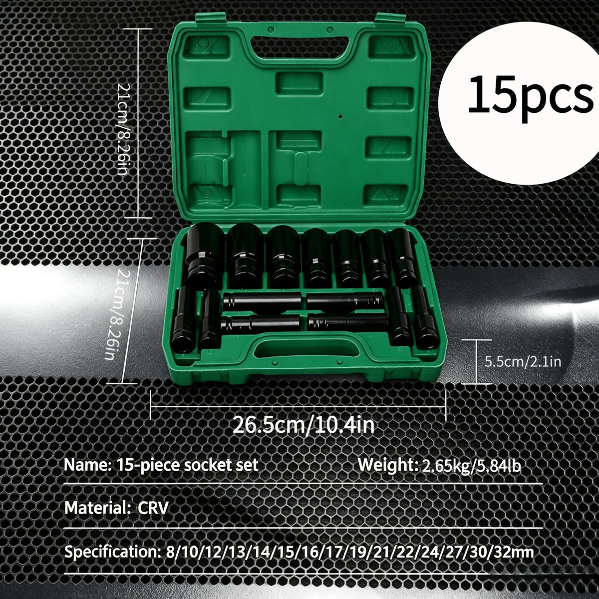 1/2-Inch Drive Deep Impact Socket Set – Chrome Vanadium Steel, Pneumatic & Electric Drill Compatible, Tire Removal & Auto Repair, with Green Storage Case (15 or 20 Piece)