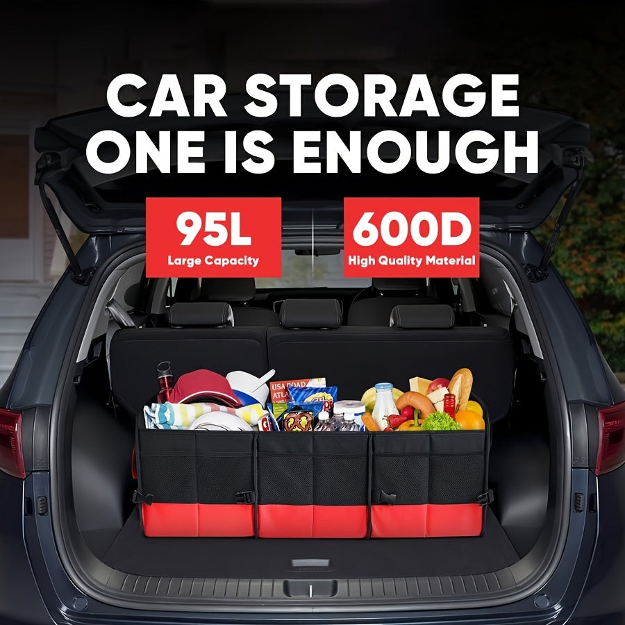 Foldable Car Trunk Organizer 95L 25gal 4 Compartments 2 Retractable Straps Collapsible Multi-Pocket Storage for SUV Truck Minivan Travel Camping Shopping Black