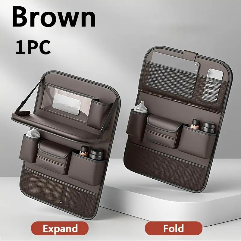 Faux Leather Car Seat Backrest Organizer with Foldable Table Tablet Stand Seat Protection Pad for Cars SUVs Black Gray Brown 1pc 2pcs