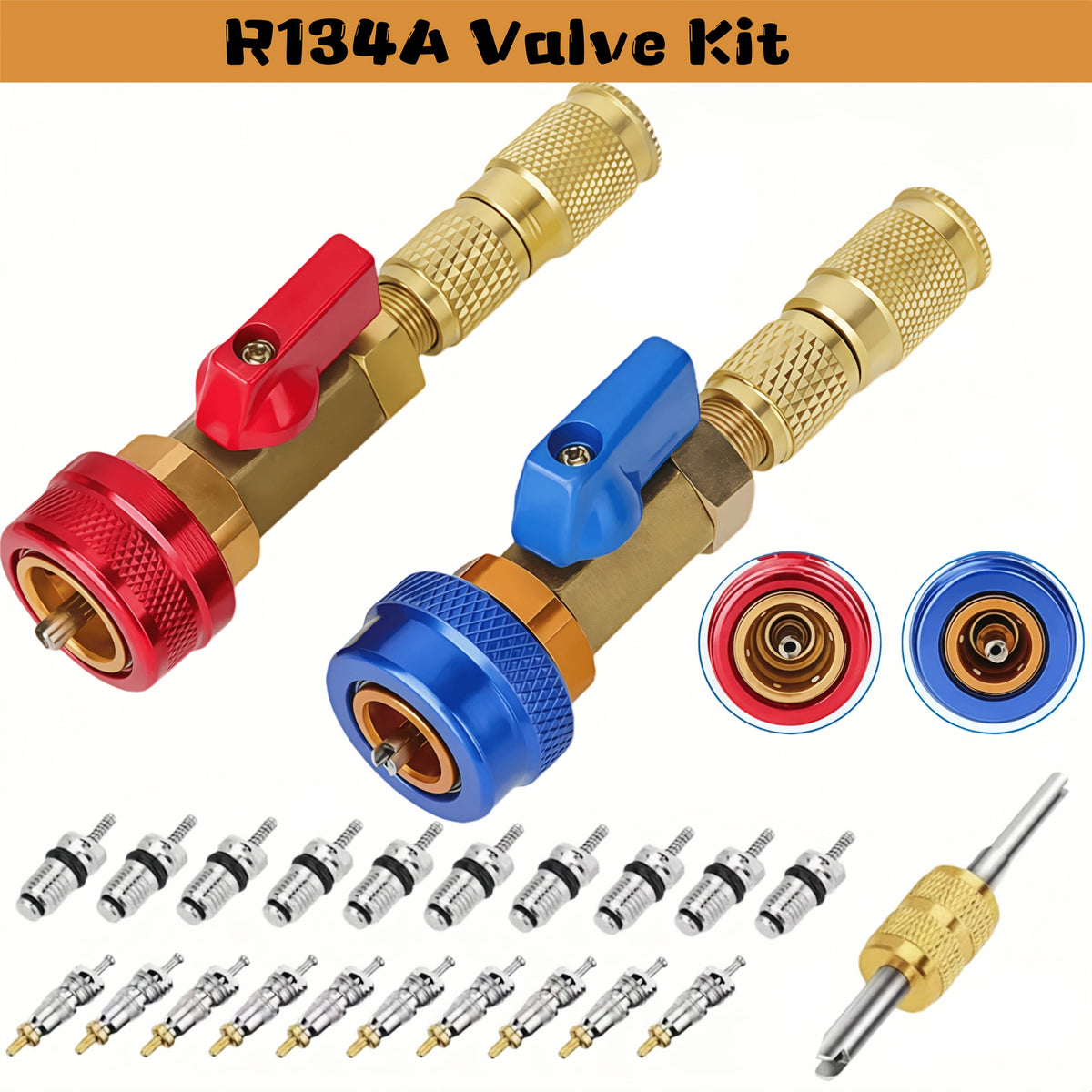 R134A Valve Core Remover & Installer Tool Kit, High Pressure Red & Low Pressure Blue, AC Refrigerant Valve Core Tool for Car Air Conditioning Systems