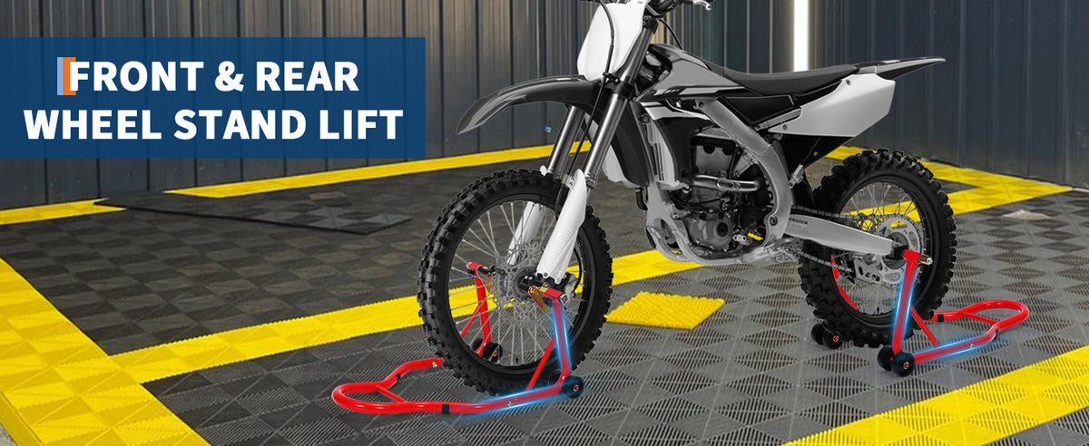 Motorcycle Paddock Stand Front & Rear Combo 900 Lbs - Universal Lift Stands for Yamaha Honda Suzuki BMW Kawasaki, Heavy Duty Steel, Black Red Yellow