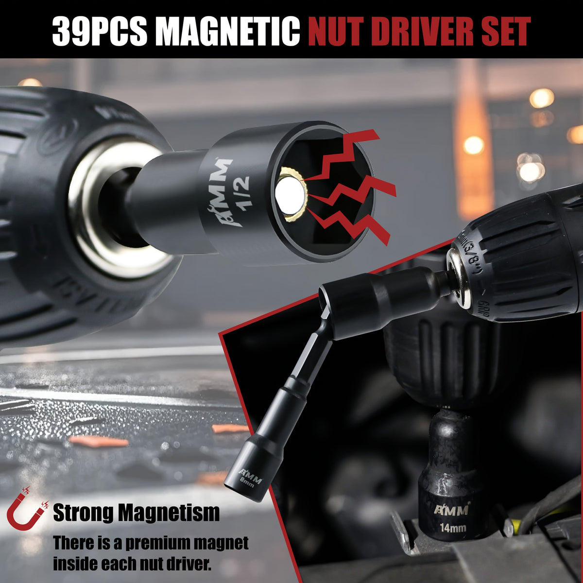 Magnetic Nut Driver Set 39-Piece – Impact Driver Bits Metric & SAE, 1/4" Hex Shank, Bit Extension & Drill Adapter, Cr-V Steel for Impact Drills