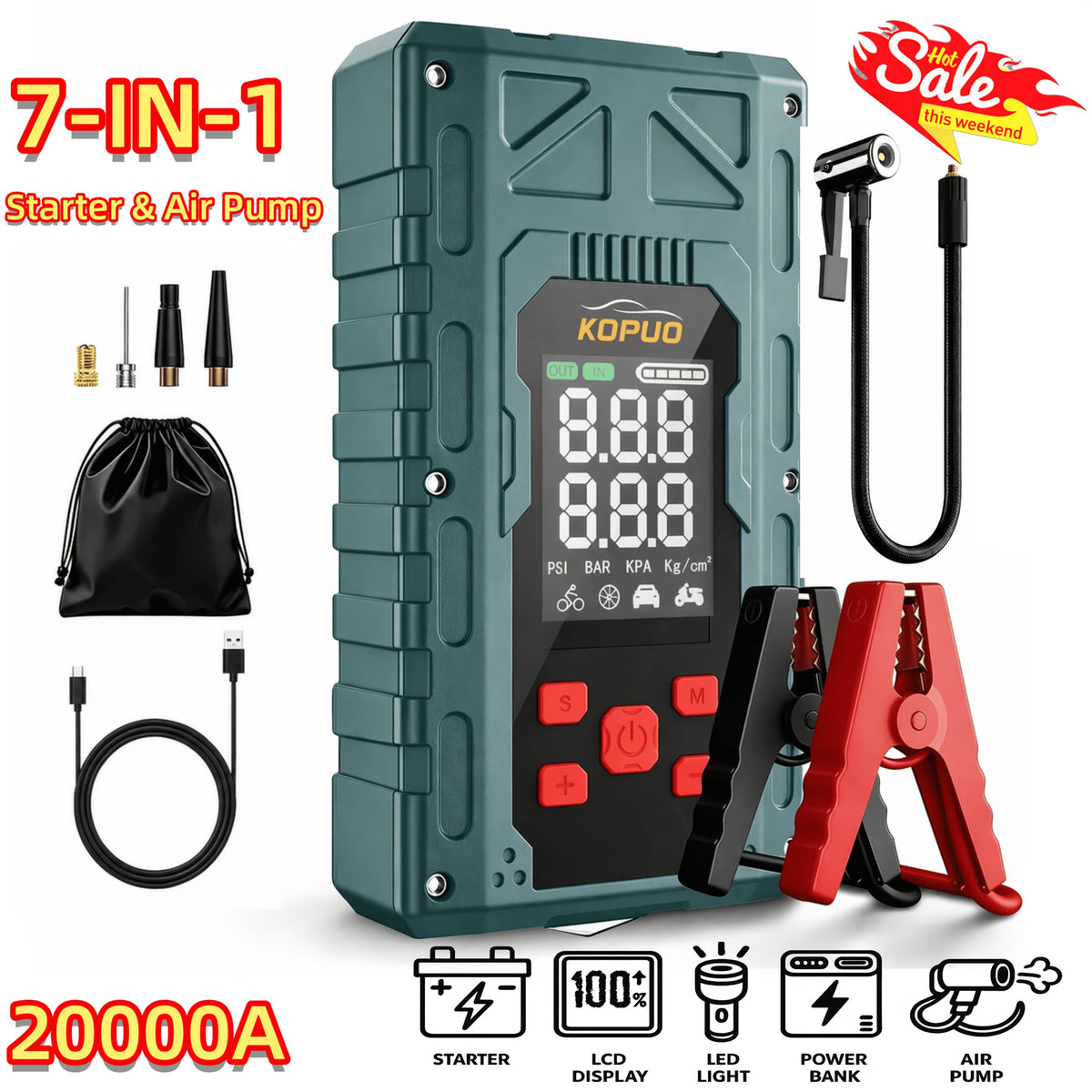 Portable Car Jump Starter 6000-20000A Peak – 7-in-1 with 150PSI Air Compressor, Power Bank, LED Light & Smart Clamp, 12V Battery Booster