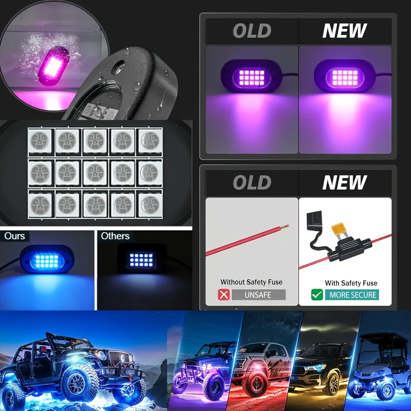 RGB LED Rock Lights 8pc or 4pc | 15 LED Per Pod App & Music Mode Underglow Kit for Trucks Jeeps UTVs SUVs Golf Carts 12V