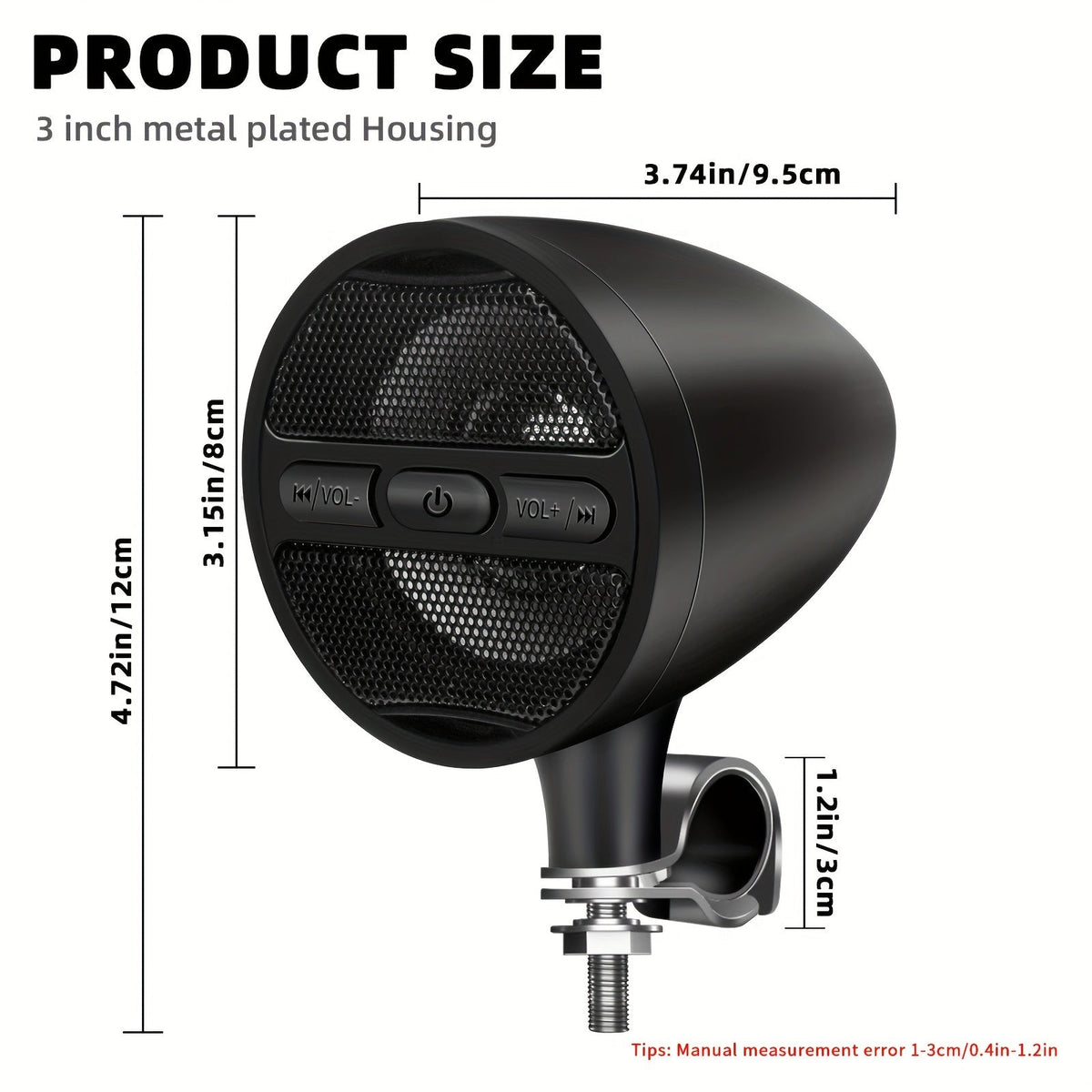Motorcycle Handlebar Speaker 12V Wireless - MP3 USB FM Radio Stereo Audio, Weather-Resistant Plug & Play, Universal Handlebar Mount, Black