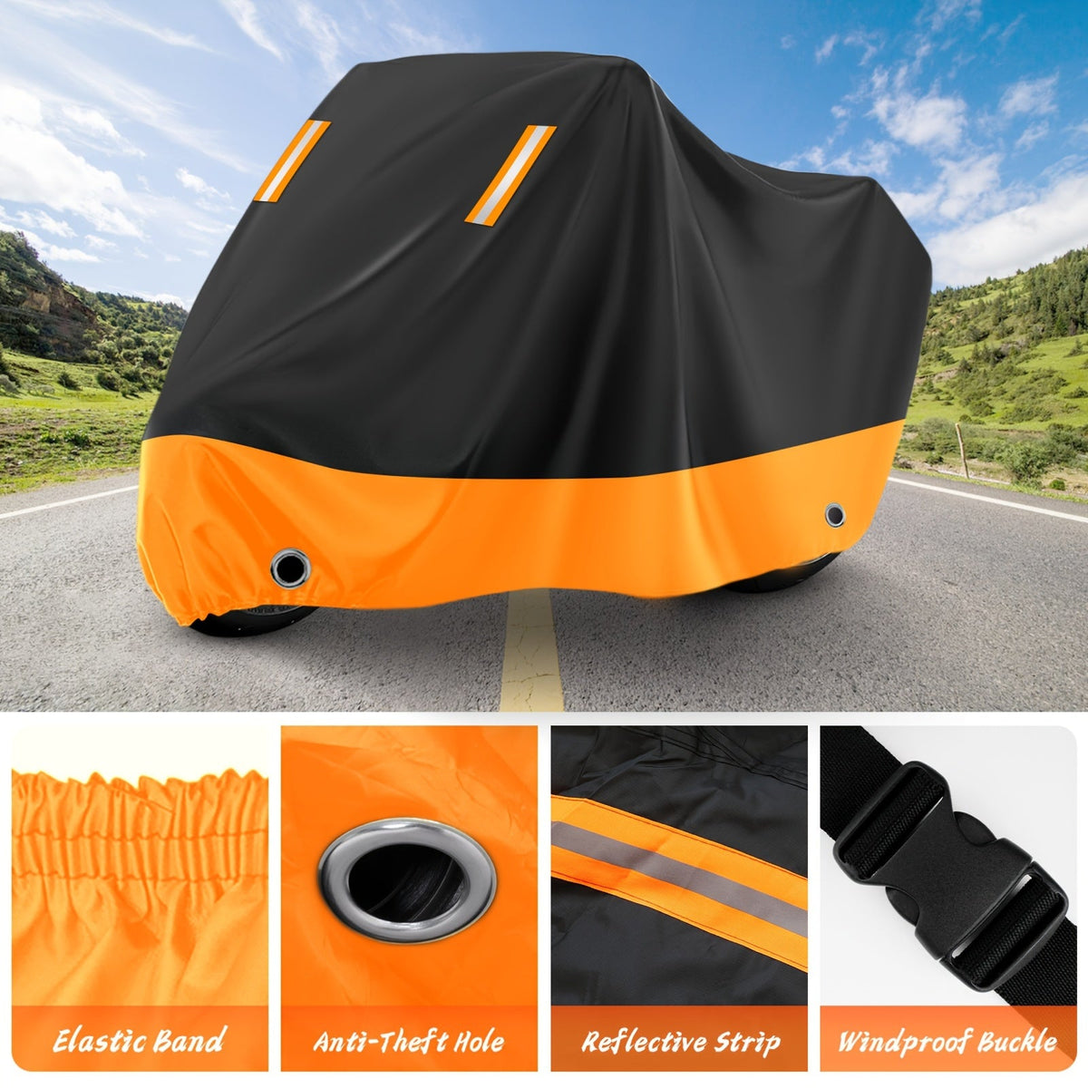 Motorcycle Cover Waterproof 210D Oxford Cloth - All-Weather UV & Dust Protection, Reflective Strips, Fits Harley Honda Suzuki & More, Black Orange, M XL XXL XXXL
