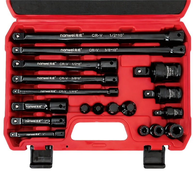 18-Piece Socket Extension Bar Set – CR-V Steel, 1/4" 3/8" 1/2" Drive, Adapters & Impact Bit Connectors
