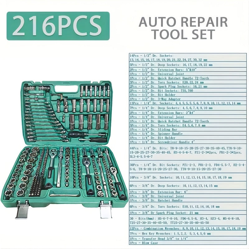 216-Piece Professional Tool Set – 1/4" 3/8" 1/2" Drive Ratchet Wrench & Socket Kit, S2 & CR-V, Automotive & Racing Grade