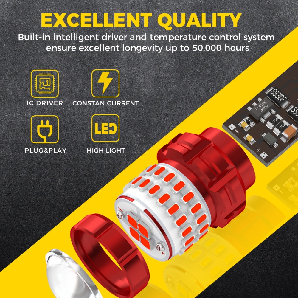 LED Brake Light Bulbs 2pcs 3-Flash Warning, Red Stop Tail Parking Light, Fits 3157 3156 1156 1157 7443 7506, No Error Canbus Compatible