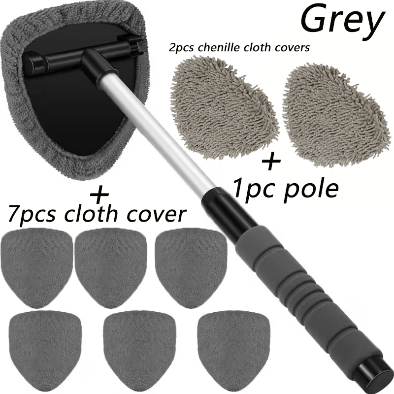 Car Windshield Cleaning Kit 10pc – Telescoping Handle, Microfiber & Chenille Covers for Interior & Exterior Glass