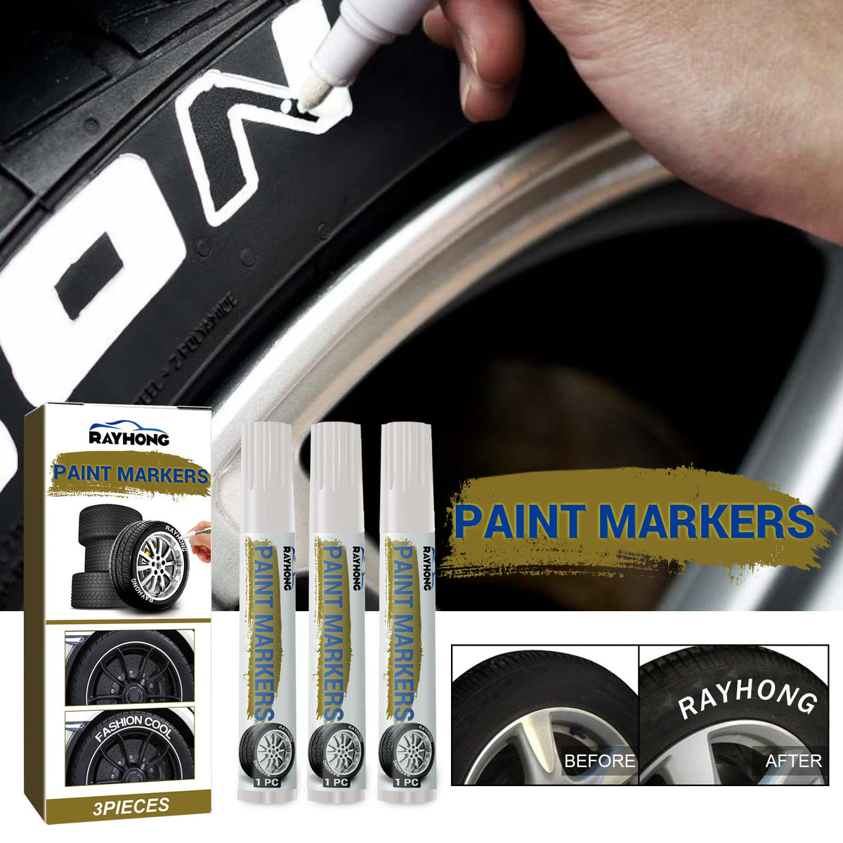 Tire Marker Pens Waterproof Paint Markers for Car Tires, Quick-Dry Permanent Tire Lettering Pens with Medium Tip, Weatherproof Marker Set for Vehicle Tires Rubber Metal Wood