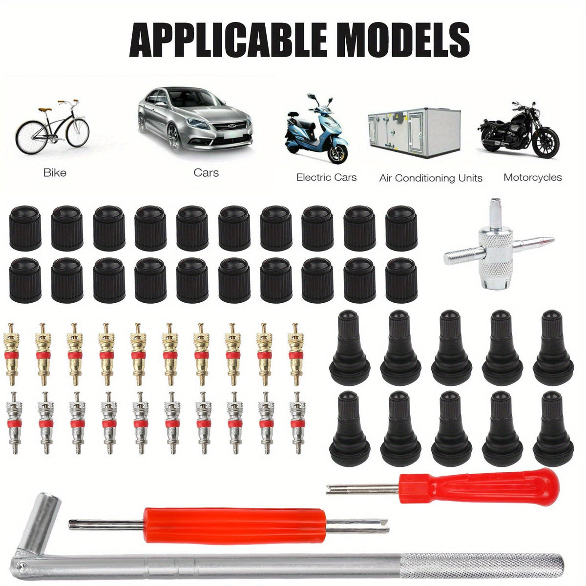 Tire Valve Stem Tool Kit 54-Piece, Valve Stem Puller Installer & Core Remover Set for Cars Trucks Motorcycles ATVs Bicycles, TR412 Stems, Copper Valve Cores & Caps Included