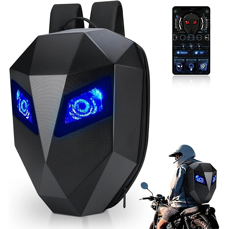 LED Motorcycle Backpack Smart Display – 48×48 Full-Color Dot Matrix, Hard Case Helmet Bag, USB-Powered, 19" Laptop Compartment for Riding Hiking Travel