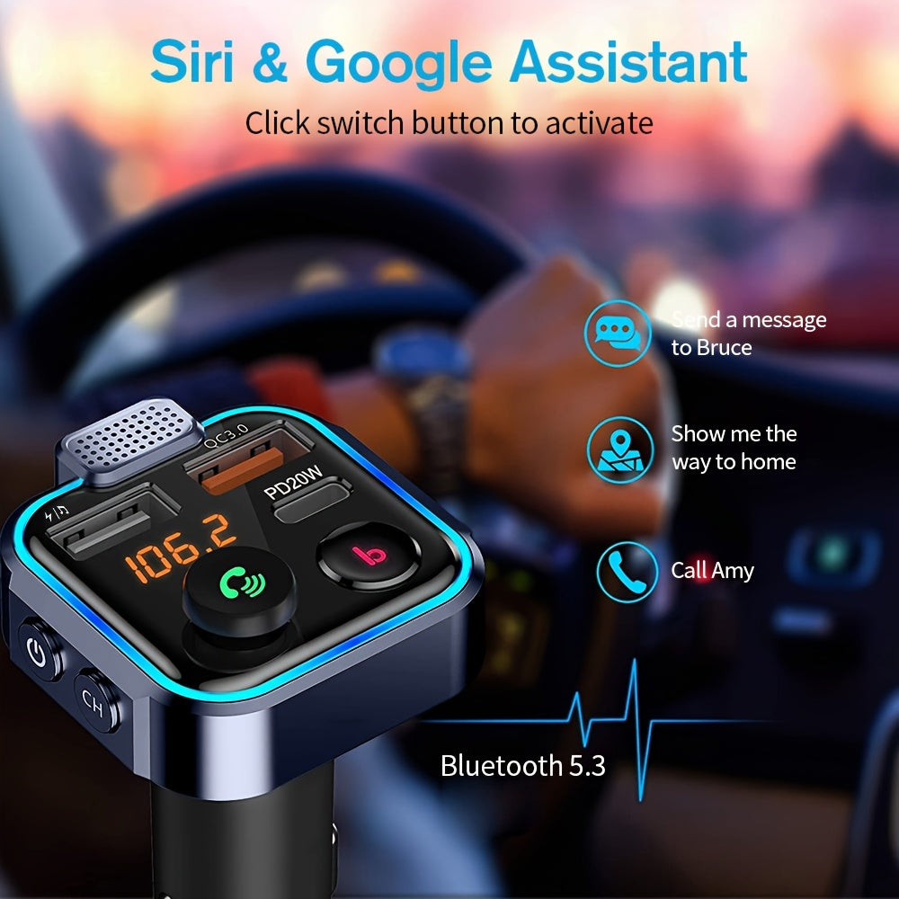 Bluetooth FM Transmitter for Car – Bluetooth 5.3, USB PD 20W Fast Charge, Dual Mic CVC Noise Reduction, Hi-Fi Stereo, 7-Color LED, MP3 Player & Hands-Free Calling