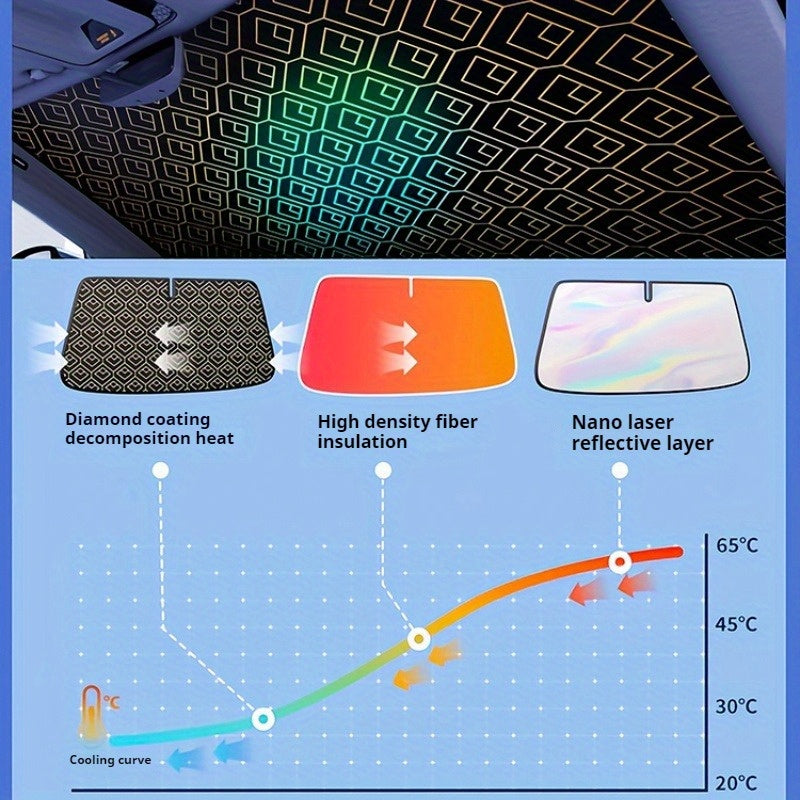 Car Windshield Sunshade 5-Layer Laser Insulation - Thickened UV Heat Blocker, Diamond Pattern, Fits Toyota Sienna Tundra Ford F150 & Universal Sizes, Gold Black