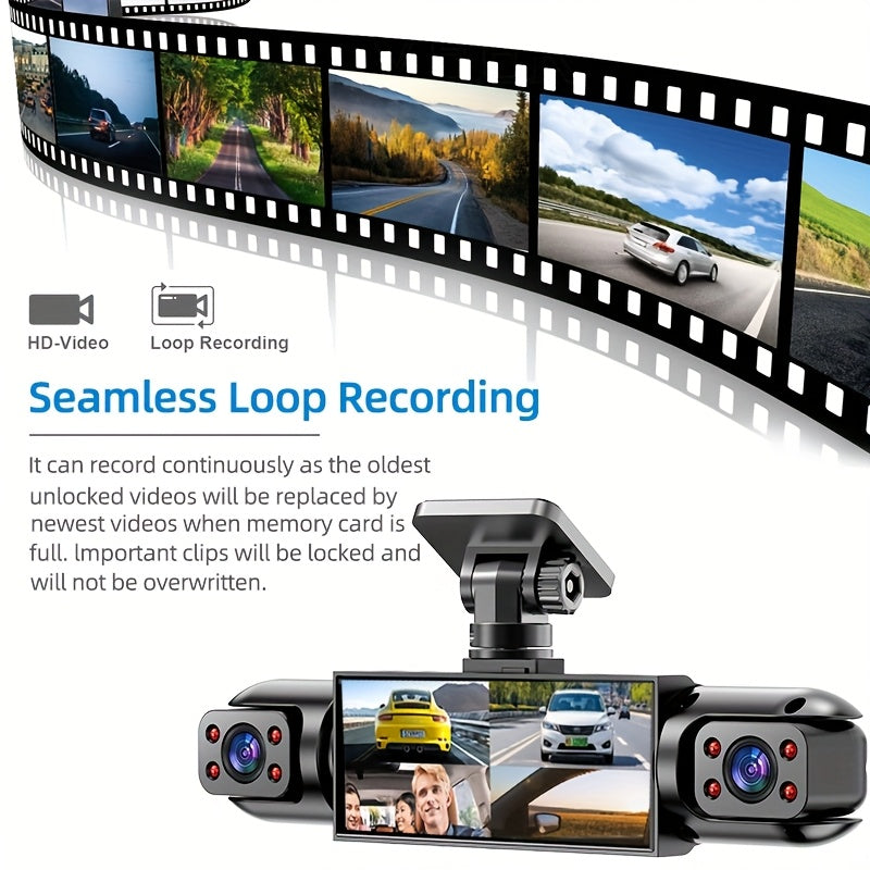 Dash Cam 360° Panoramic 3/4 Lens – 1080P HD Front + 720P Rear Left Right, Quad-Split Screen, Night Vision, G-Sensor, Loop Recording, WDR Car Camera