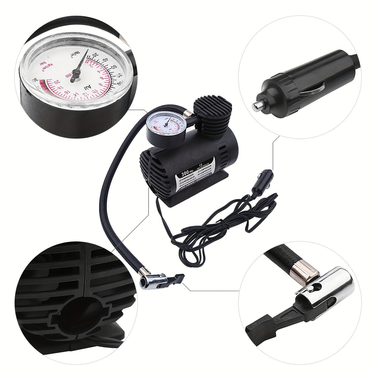 12V 300 PSI Air Compressor Pump – Portable Car Plug Tire Inflator for Car, Bike, Motorcycle & Ball, No Battery Needed