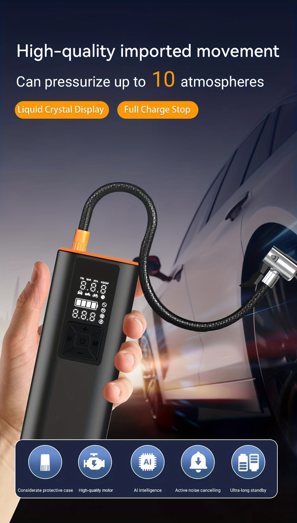 Portable Tire Inflator Air Compressor 150PSI – 6000mAh Rechargeable, USB-C, Dual Screen, Auto Shutoff, LED Light, 4 Modes for Car, Motorcycle, Bike & Ball