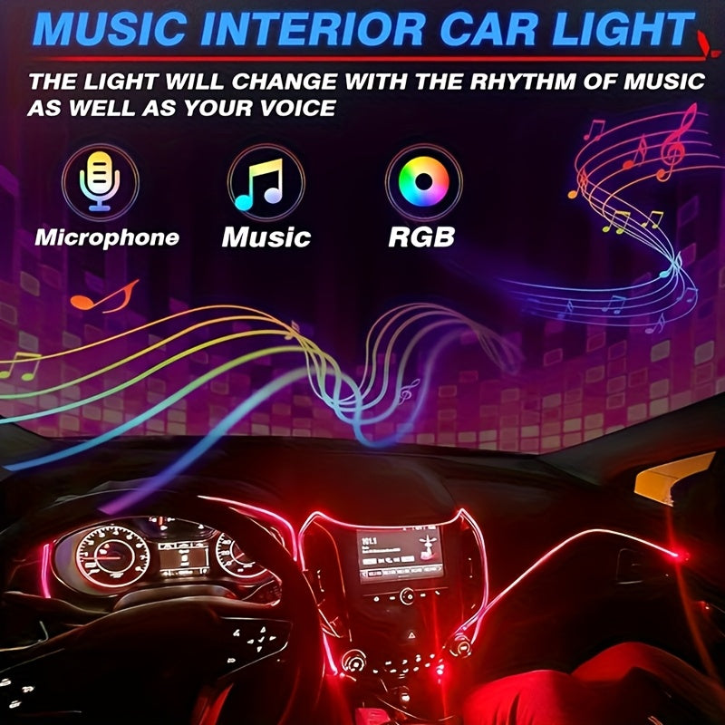 236 Inch RGB 5-in-1 Ambient LED Strip Light Kit, App Controlled 16M Colors, Music Sync, 12V Cigar Lighter Powered, Fiber Optic Cable for Car Interior