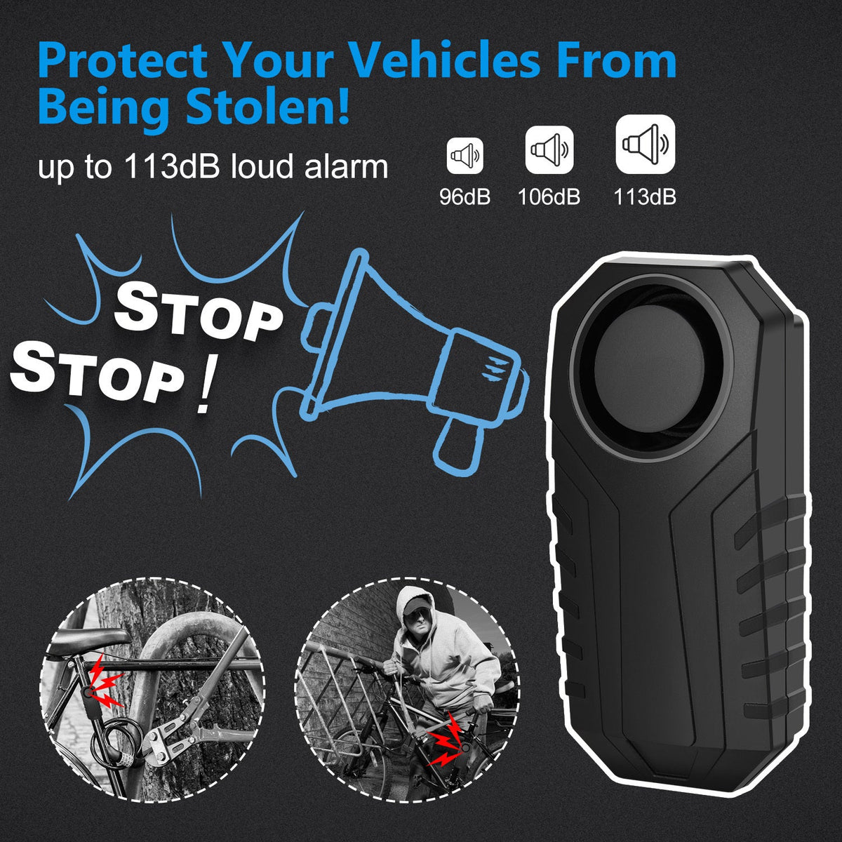 Motorcycle Alarm Anti-Theft with Remote – 113dB Loud Siren for Moped Scooter Bike, Adjustable Sensitivity, Universal Handlebar Strap, Easy Install