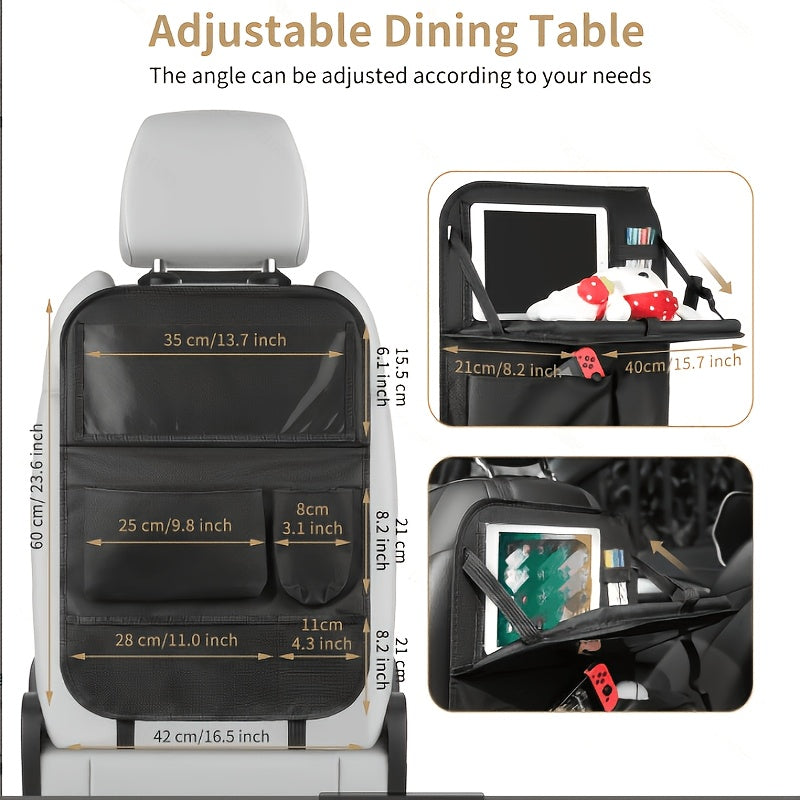 Car Backseat Organizer with Tablet Holder 6 Storage Pockets Foldable Food Tray Kick Mat Seat Back Protector Travel Accessories Black 2pcs