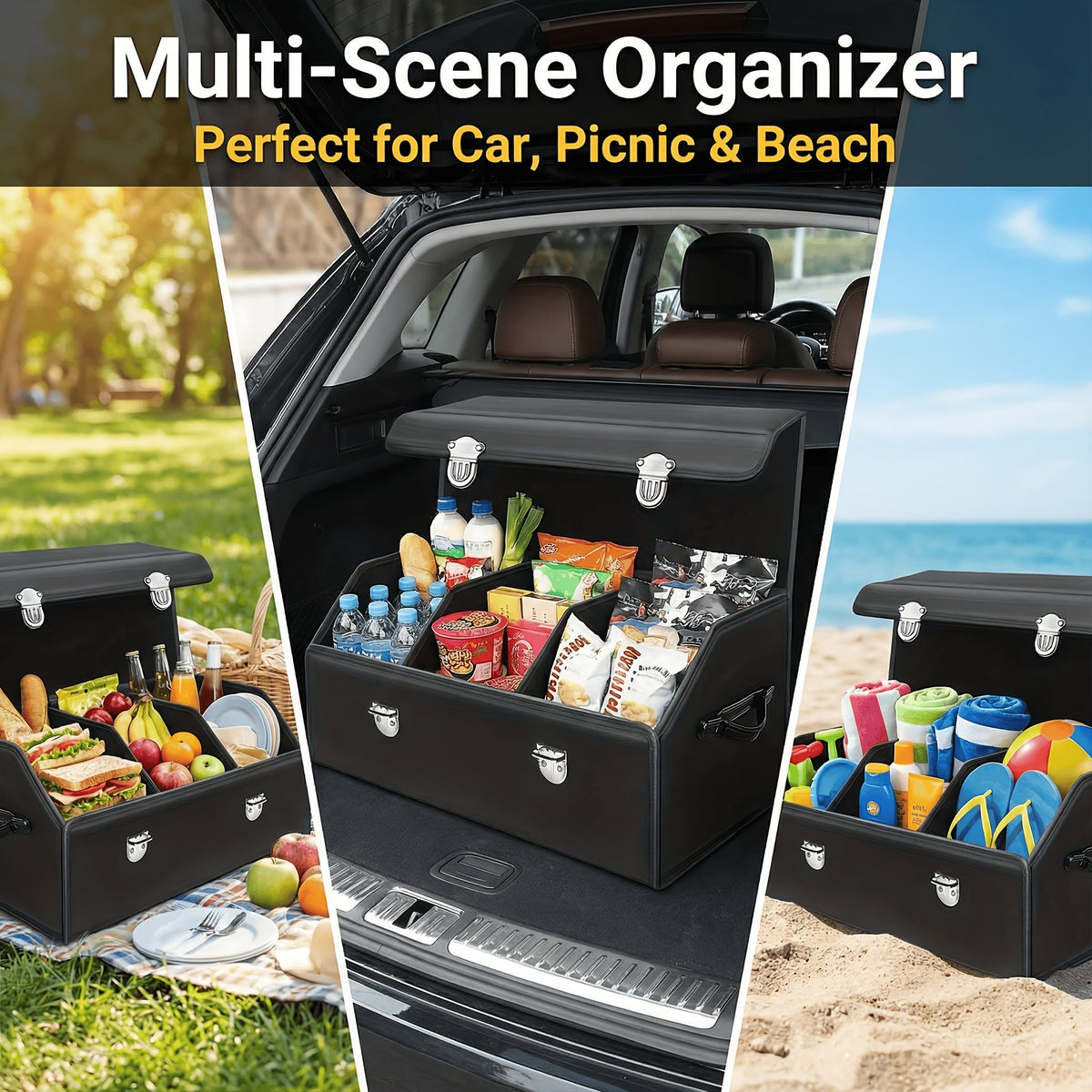 Car Trunk Organizer Collapsible Storage Box – Foldable Cargo Container for SUV, Truck & Sedan, Heavy-Duty Auto Trunk Storage Bag with Handles