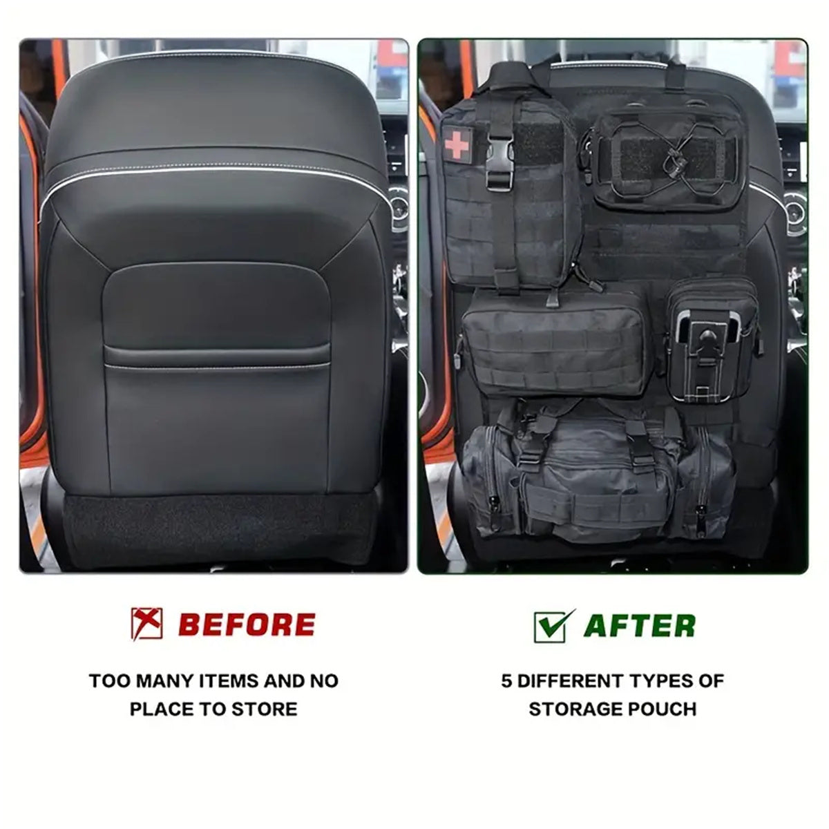 MOLLE Tactical Car Seat Organizer Pouch 6pcs Set Heavy Duty Nylon Adjustable Seat Back Storage for Jeep Truck SUV Gear First Aid Tools EDC Black