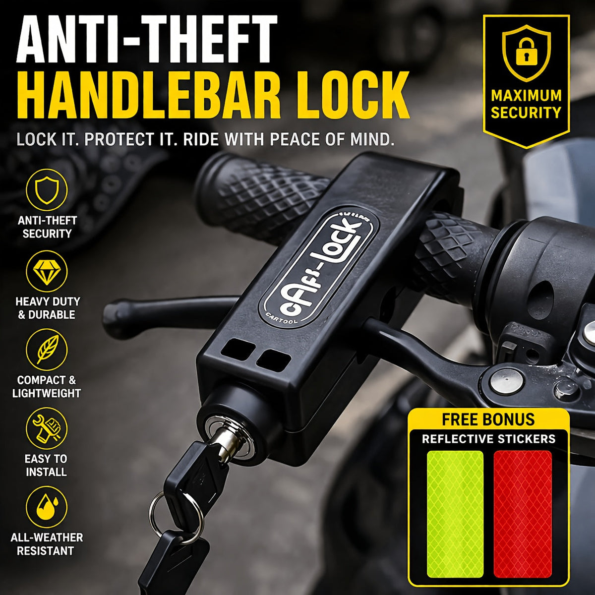 Motorcycle Handlebar Lock Anti-Theft Heavy Duty ABS Portable Security Lock with Reflective Strips for Scooter E-Bike Bicycle Universal Fit