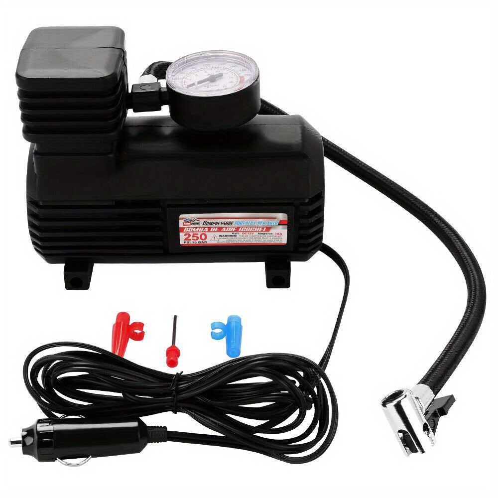 Portable Tire Inflator Air Compressor 12V 250PSI Digital Pump for Car Bicycle Motorcycle – Compact & Lightweight with 3 Nozzles
