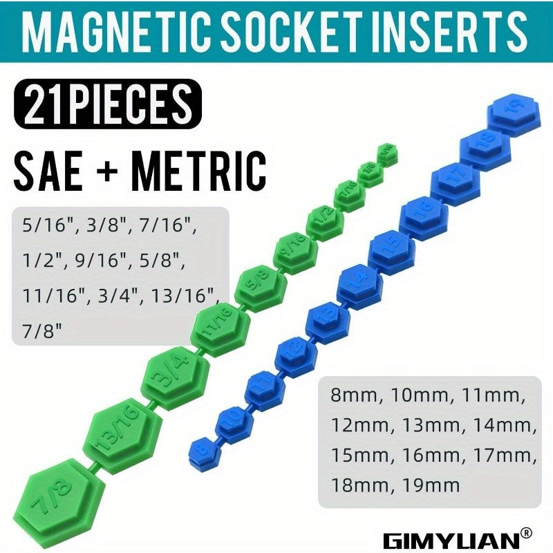 21-Piece Magnetic Socket Set – SAE (5/16–7/8") & Metric (8–19mm), Color-Coded Hex Profile, for Mechanics, Auto Repair & DIY Home Projects