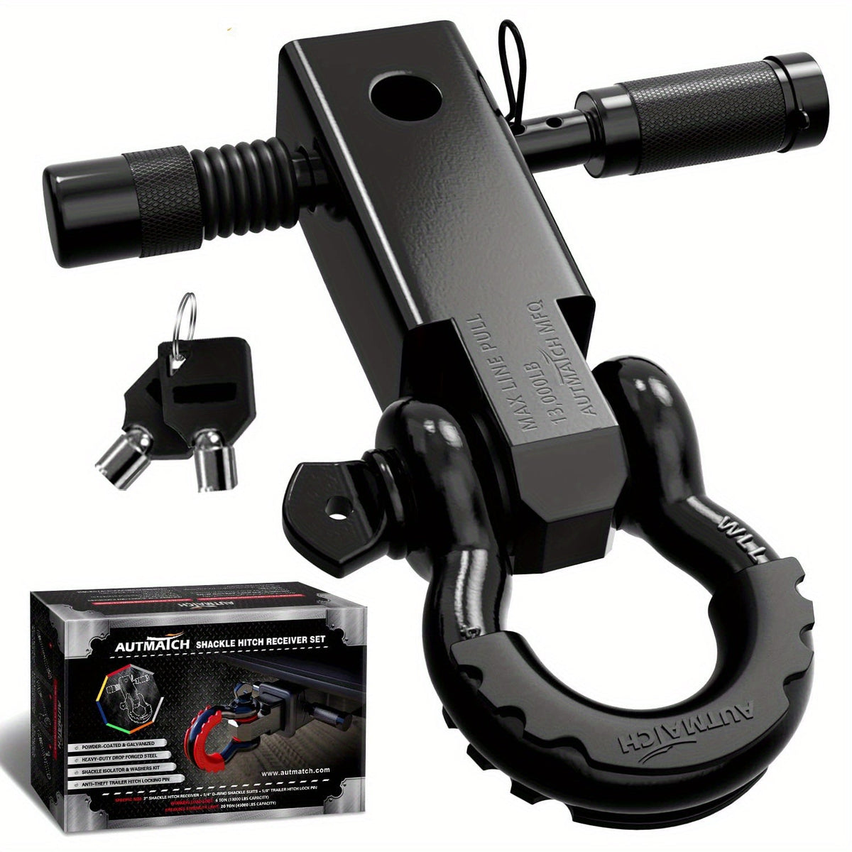 Shackle Hitch Receiver Kit 2 Inch Heavy Duty 45000LBS Break Strength Drop-Forged Steel with Lock Pin & D-Ring for Truck RV ATV Boat Recovery