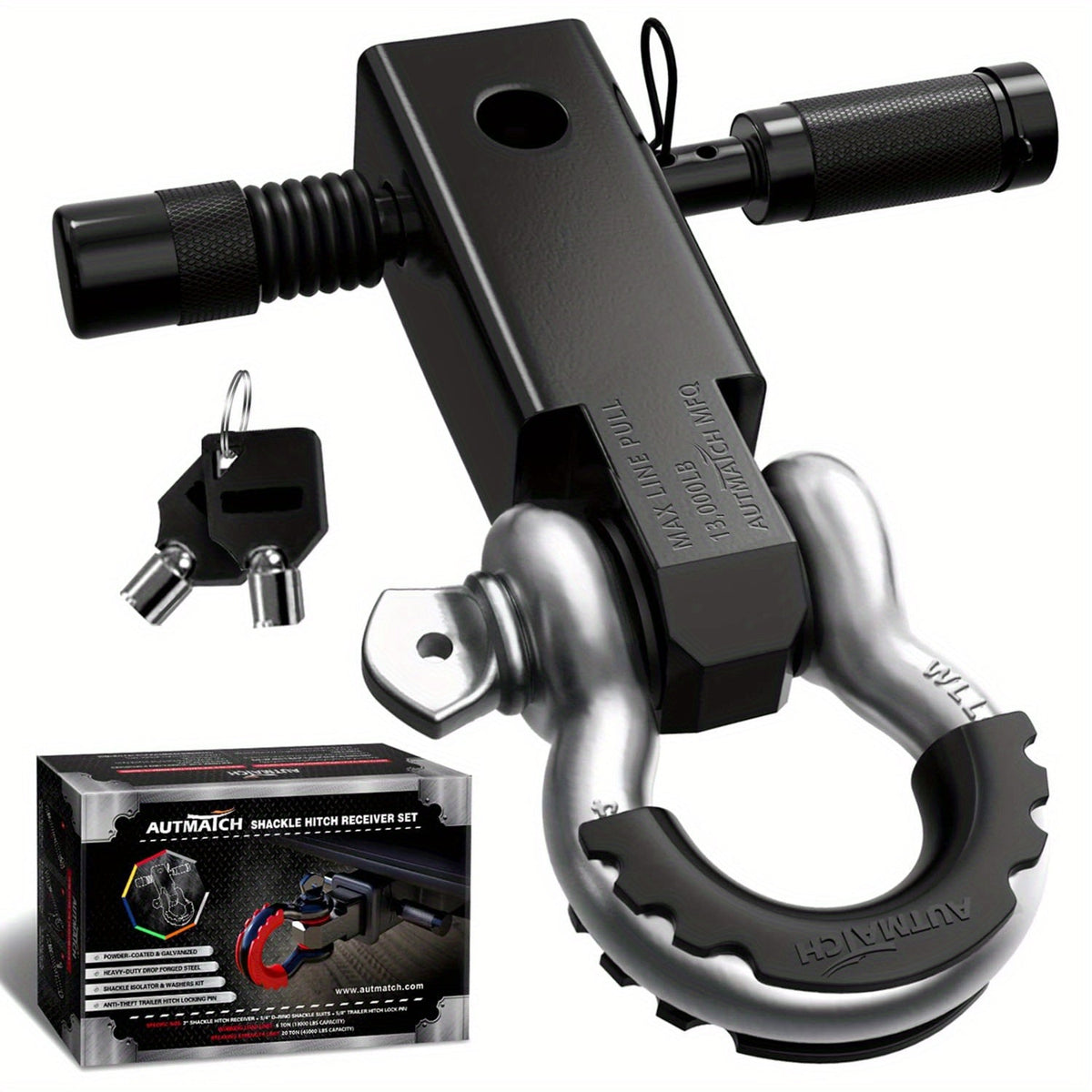 Shackle Hitch Receiver Kit 2 Inch Heavy Duty 45000LBS Break Strength Drop-Forged Steel with Lock Pin & D-Ring for Truck RV ATV Boat Recovery