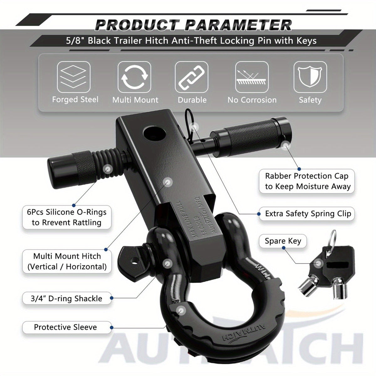 Shackle Hitch Receiver Kit 2 Inch Heavy Duty 45000LBS Break Strength Drop-Forged Steel with Lock Pin & D-Ring for Truck RV ATV Boat Recovery