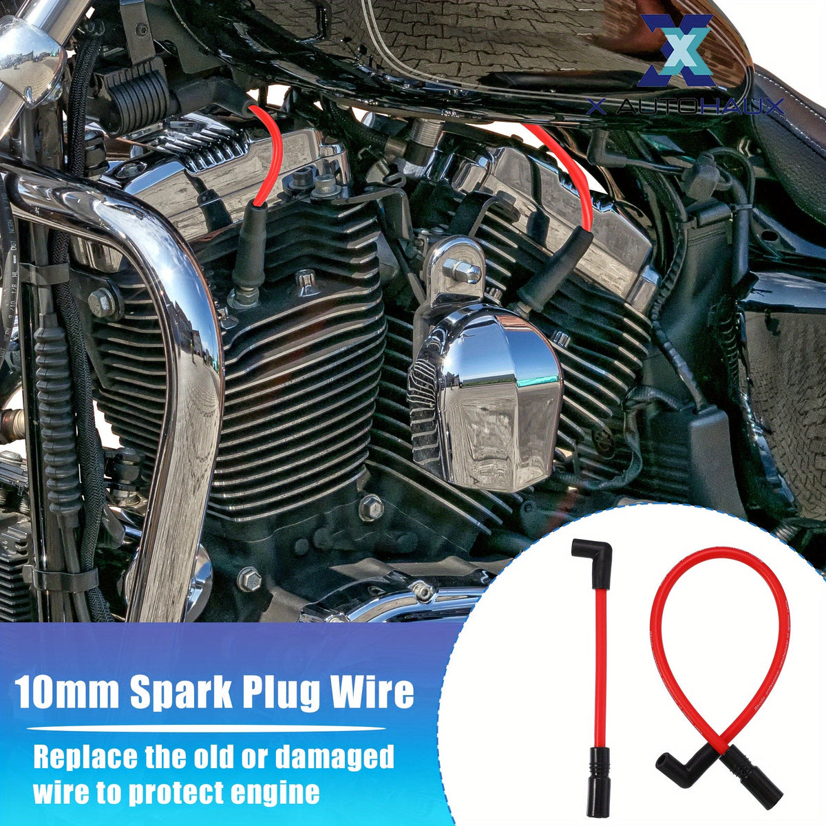 Harley Spark Plug Wire Kit 2pcs – 10.4mm & 10mm Pre-Crimped, Silicone, Fits Dyna FXD 2000-2017 & Softail 1999-2017 | Red, 90° & Straight Boots