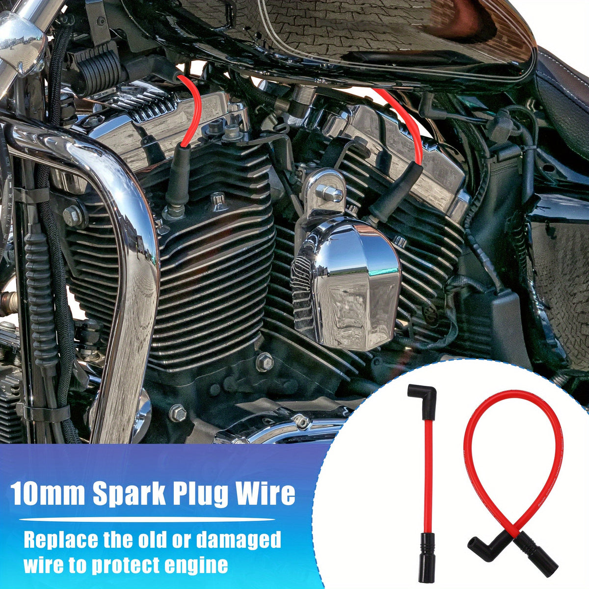Harley Spark Plug Wire Kit 2pcs – 10.4mm & 10mm Pre-Crimped, Silicone, Fits Dyna FXD 2000-2017 & Softail 1999-2017 | Red, 90° & Straight Boots