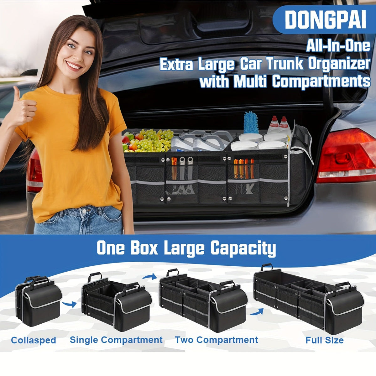 5-in-1 Trunk Organizer with Insulated Cooler Bag – Collapsible SUV Cargo Organizer, 3 Compartments, Removable Dividers & Tie-Down Straps