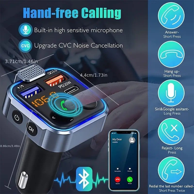 Bluetooth FM Transmitter for Car – Bluetooth 5.3, USB PD 20W Fast Charge, Dual Mic CVC Noise Reduction, Hi-Fi Stereo, 7-Color LED, MP3 Player & Hands-Free Calling