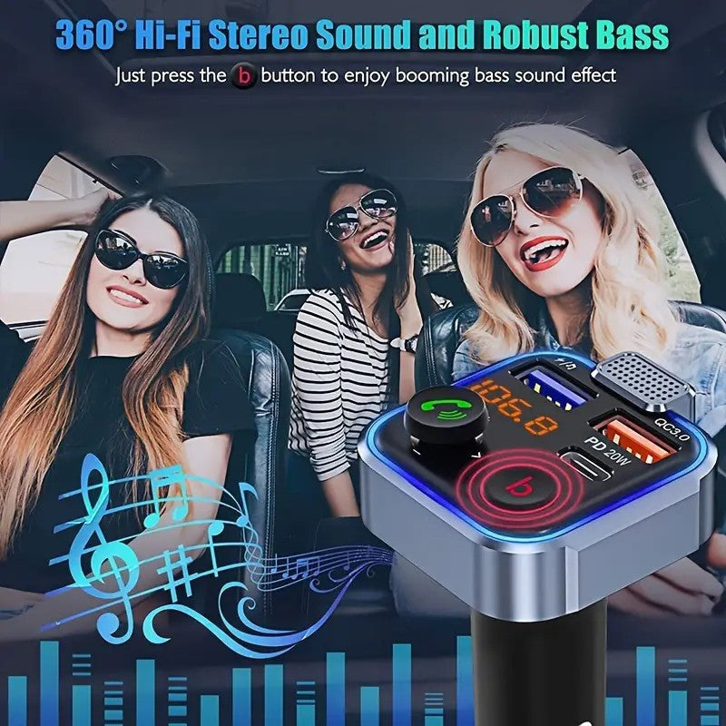 Bluetooth FM Transmitter for Car – Bluetooth 5.3, USB PD 20W Fast Charge, Dual Mic CVC Noise Reduction, Hi-Fi Stereo, 7-Color LED, MP3 Player & Hands-Free Calling