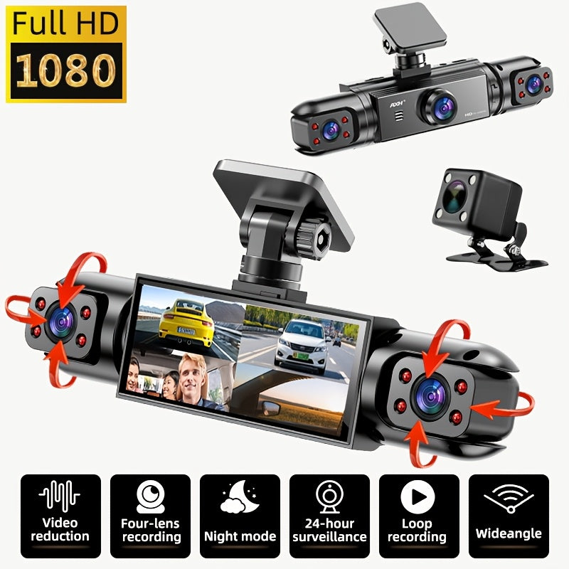 Dash Cam 360° Panoramic 3/4 Lens – 1080P HD Front + 720P Rear Left Right, Quad-Split Screen, Night Vision, G-Sensor, Loop Recording, WDR Car Camera