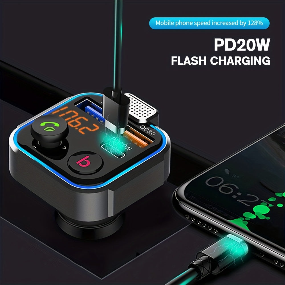 Bluetooth FM Transmitter for Car – Bluetooth 5.3, USB PD 20W Fast Charge, Dual Mic CVC Noise Reduction, Hi-Fi Stereo, 7-Color LED, MP3 Player & Hands-Free Calling