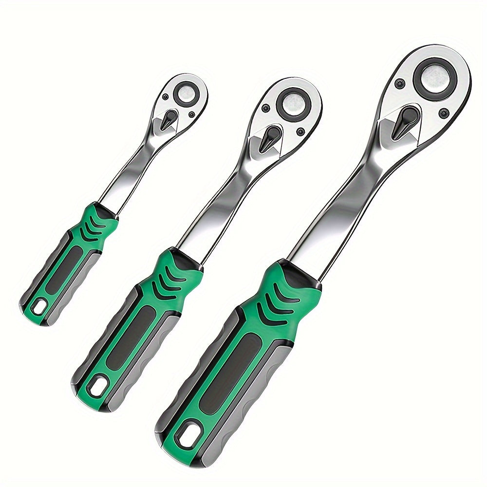 Extendable Ratchet Set 3-Piece 1/4 3/8 1/2 Inch Drive 72-Tooth Quick-Release with Soft Grip Handle – Reversible Gear Socket Wrench for Mechanics