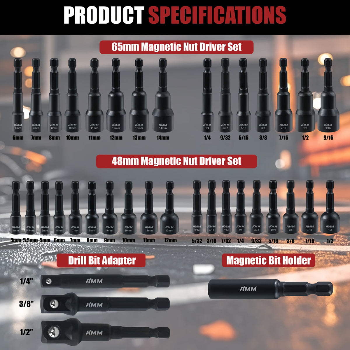 Magnetic Nut Driver Set 39-Piece – Impact Driver Bits Metric & SAE, 1/4" Hex Shank, Bit Extension & Drill Adapter, Cr-V Steel for Impact Drills