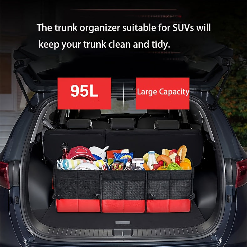 Foldable Car Trunk Organizer 95L 25gal 4 Compartments 2 Retractable Straps Collapsible Multi-Pocket Storage for SUV Truck Minivan Travel Camping Shopping Black