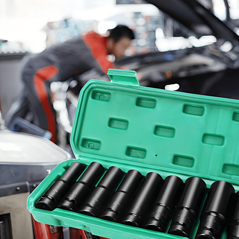 1/2 Inch Drive Deep Impact Socket Set – Chrome-Molybdenum Steel, Works with Electric & Pneumatic Drills, Tire Removal & Auto Repair, Storage Case Included (Black / Upgrade Green)