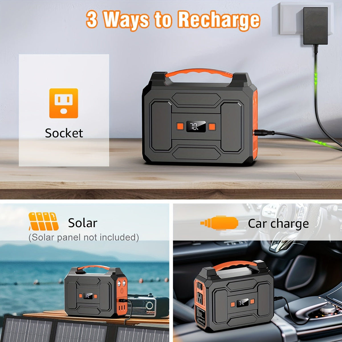 Portable Power Station 146Wh / 300W Solar Generator | AC Outlet, DC, USB & QC 3.0 Ports, LED Light, LiFePO4 Battery for Camping, CPAP, Emergency & Off-Grid – Solar Panel Optional