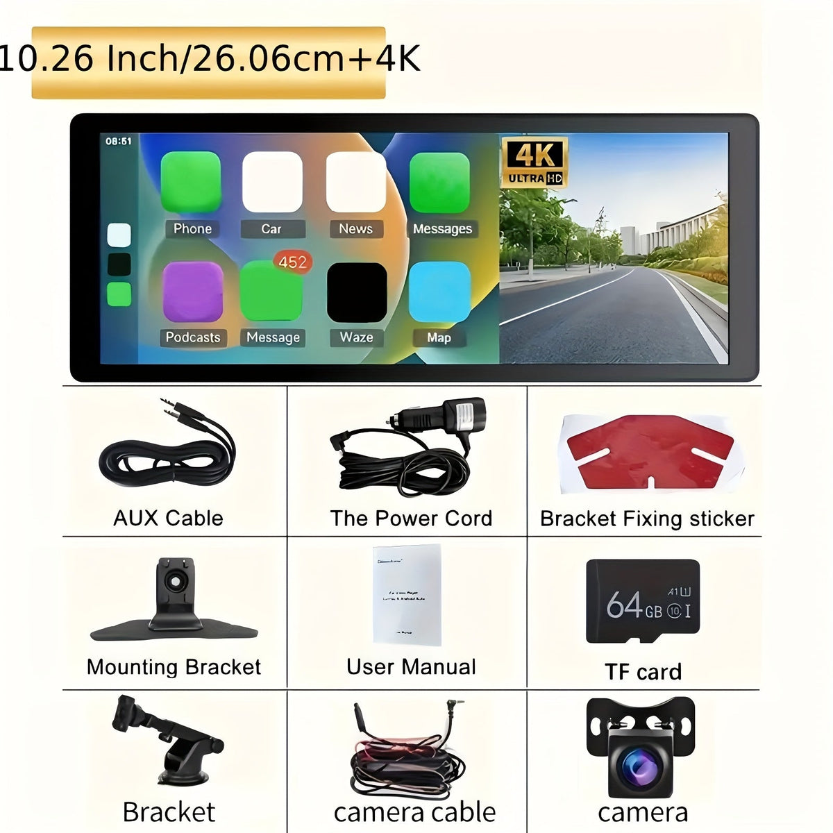 10.26" Wireless CarPlay & Android Auto Car Stereo, HD Touch Screen, 4K Dash Cam, 1080P Backup Camera, GPS Navigation, FM Transmitter