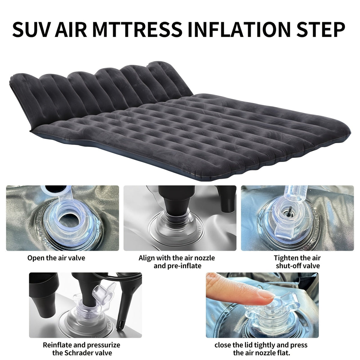 SUV Air Mattress Inflatable Car Bed 67x49x4 Inch Flocking Surface with Air Pump 2 Pillows Carrying Bag Solo or Couple Camping Road Trip Black Grey
